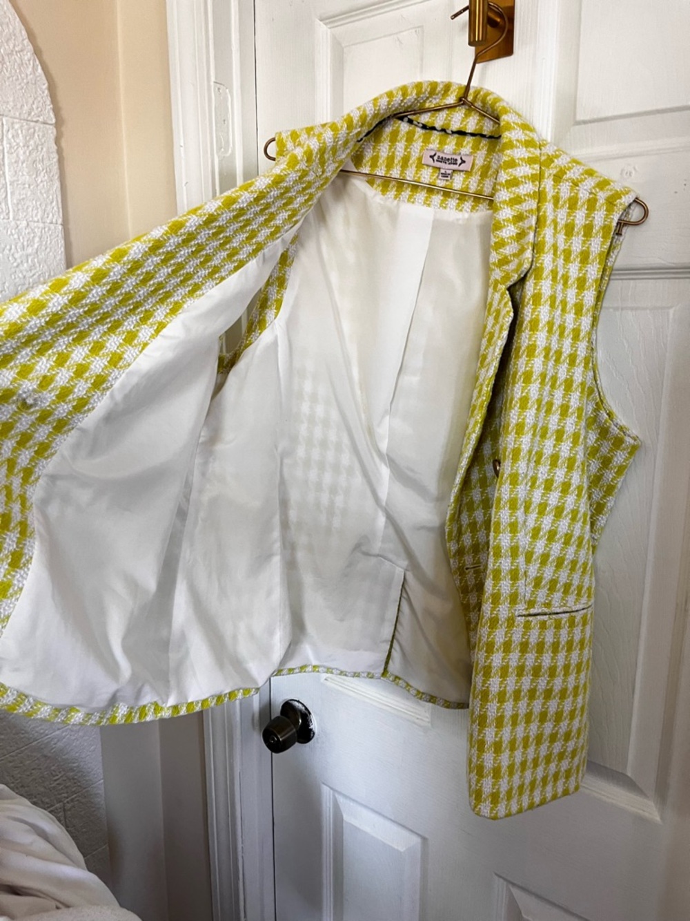 Nanette Lepore Lime and White Houndstooth Sleeveless Blazer Vest - Picture 8 of 11